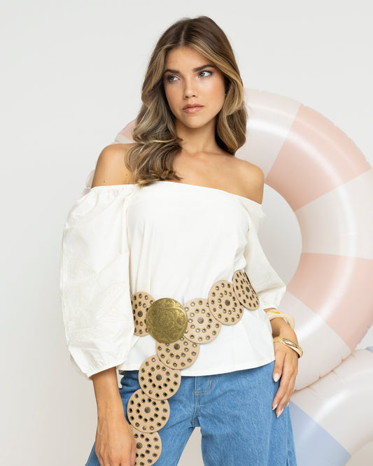 Blusa Cropped “Brasil Chic” com Manga Bufante